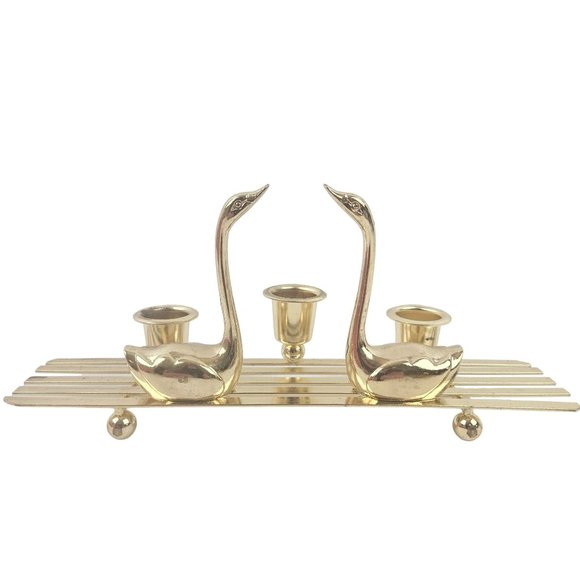 Vintage Christmas Around The World Swans Brass 3 Candle Stick Holder Home Decor - Picture 7 of 9